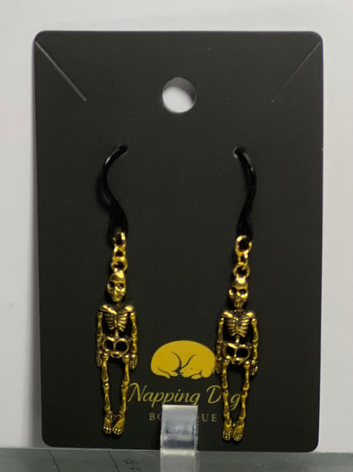 Antique Gold Skeleton Dangle Earrings – Black Ear Wire Halloween Earrings
