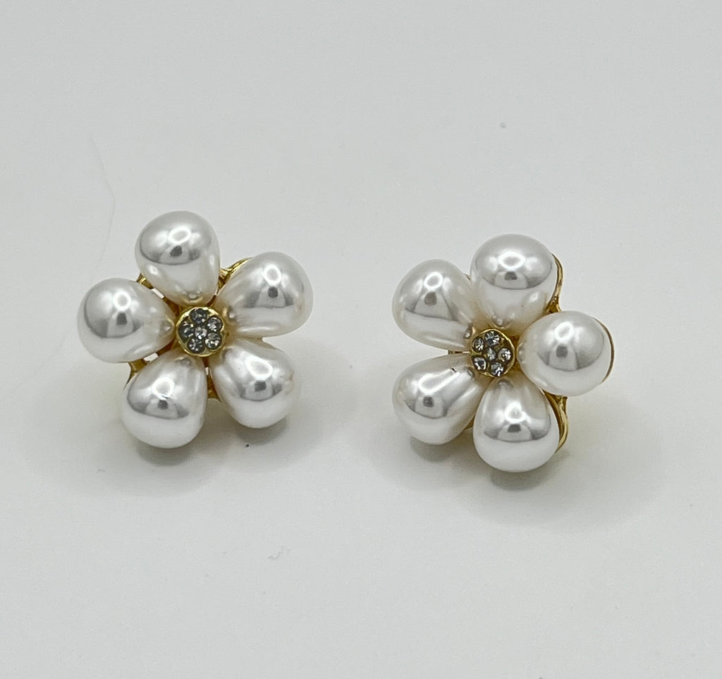 Gold Tone Faux Pearl Flower Stud Earrings with Rhinestone Center