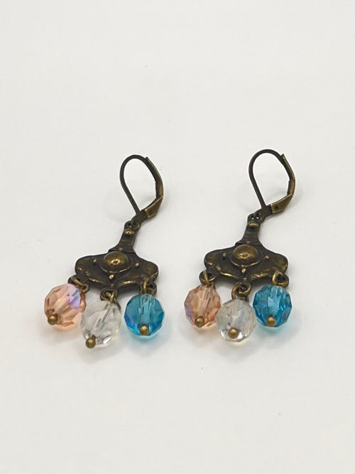 Antique Brass Chandelier Earrings with Multi-Color Crystal Beads