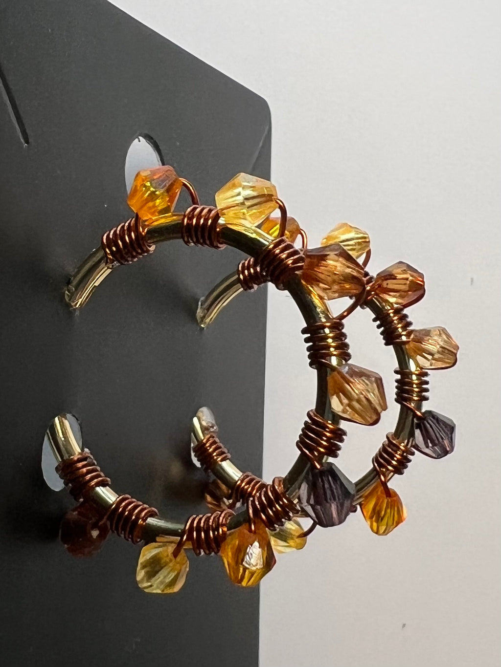 Hand-Wrapped Copper Hoop Earrings with Autumn-Toned Faceted Beads