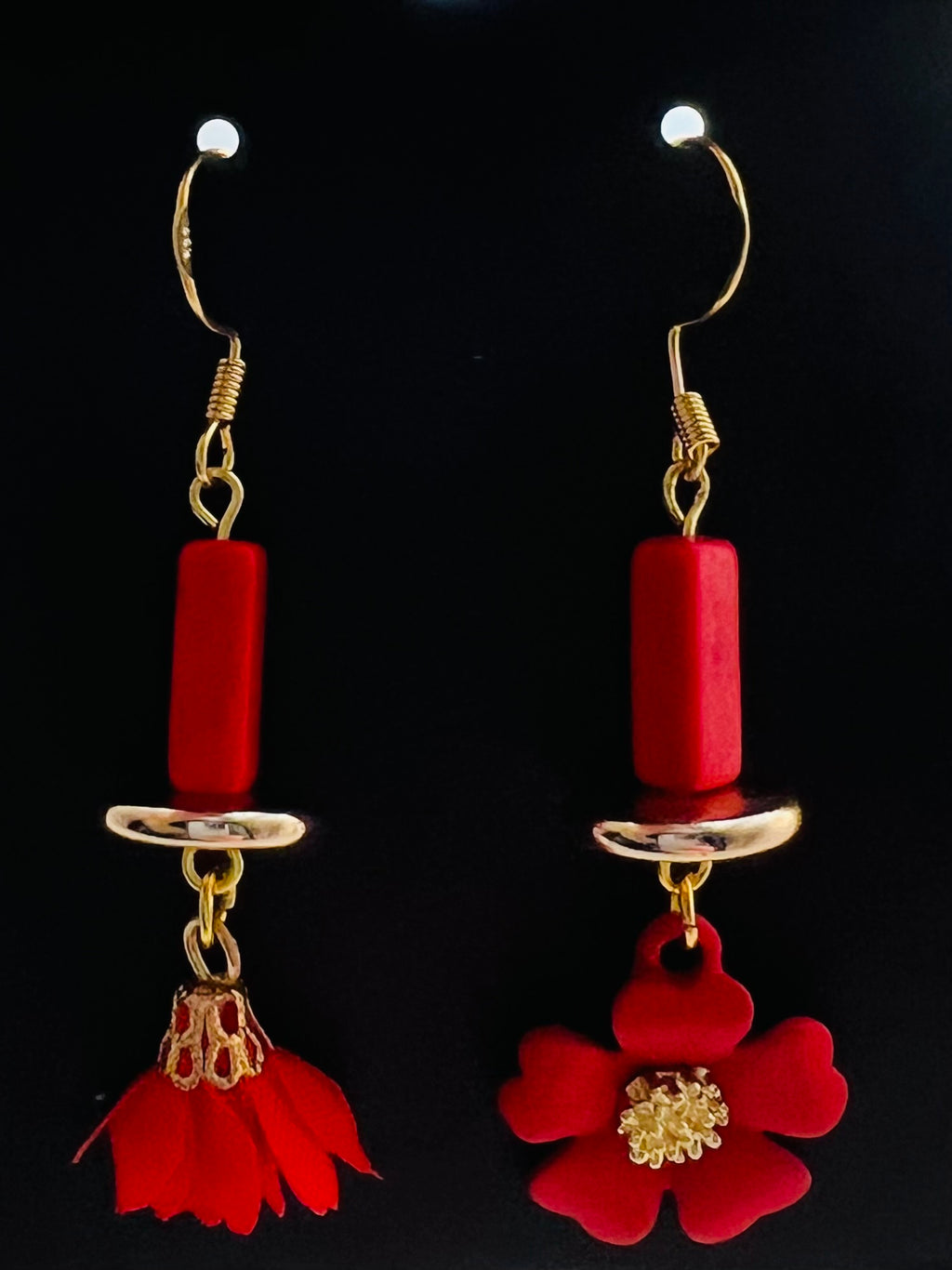 Red and Gold Boho-Style Earrings with Flower and Tassle