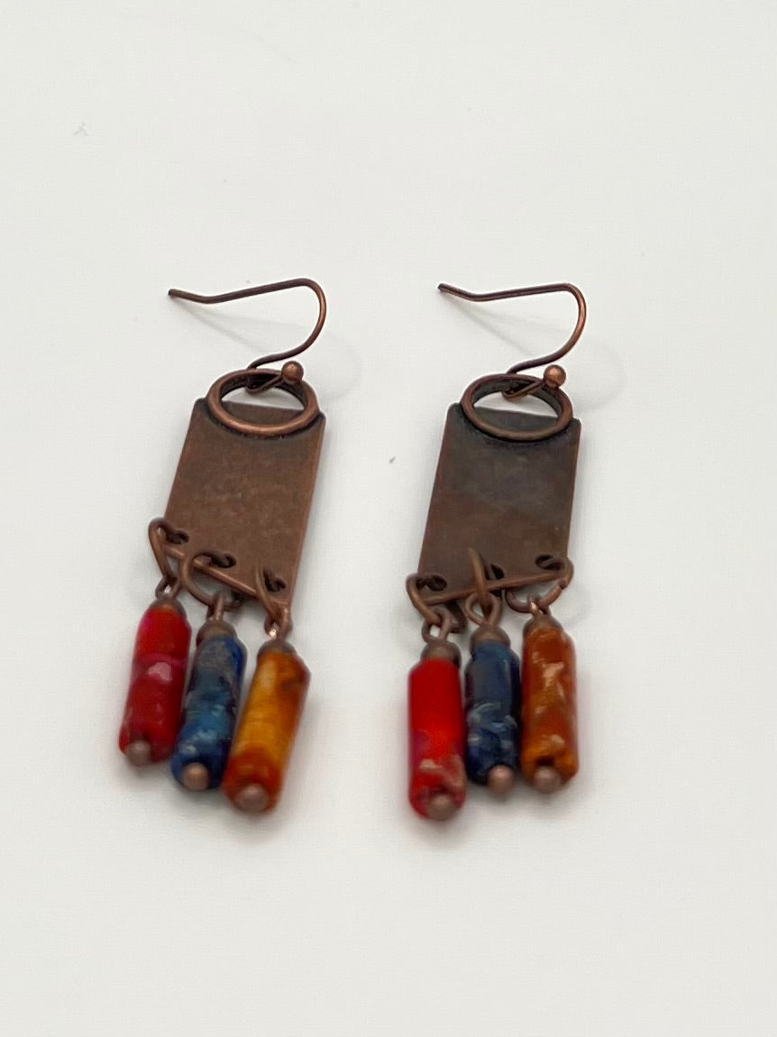 Bronze Dangle Earrings with Multi-Color Stone Beads
