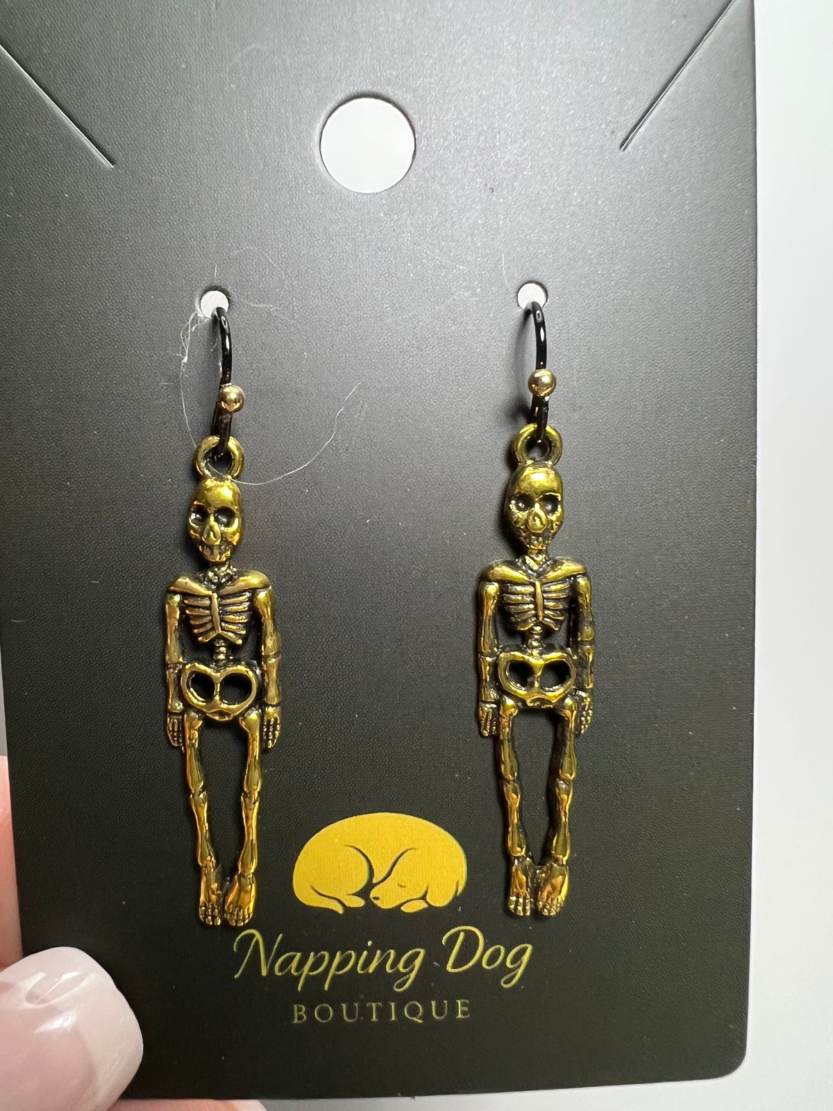 Antique Gold Skeleton Dangle Earrings – Black Ear Wire Halloween Jewelry