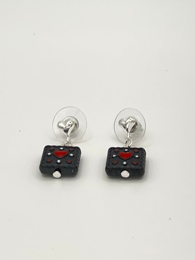Black & Red Heart Square Drop Earrings