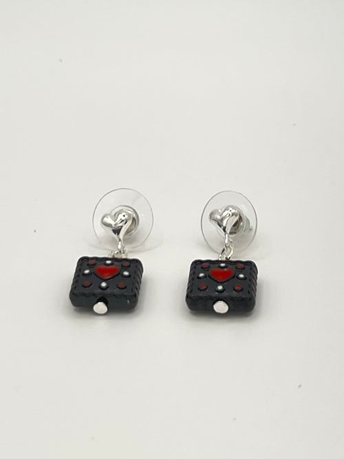 Black & Red Heart Square Drop Earrings