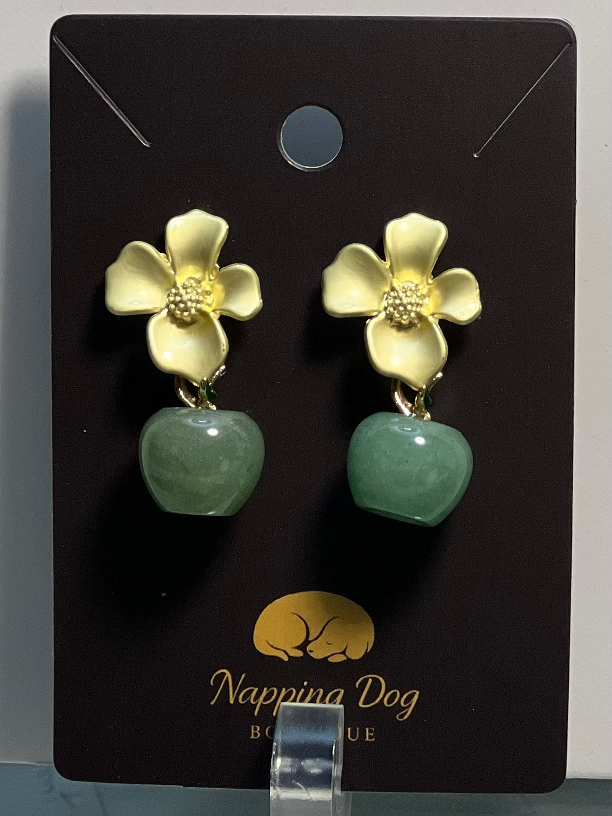 Green Aventurine Dangle Earrings with Gold-Tone Flower Posts – Natural Stone Ear