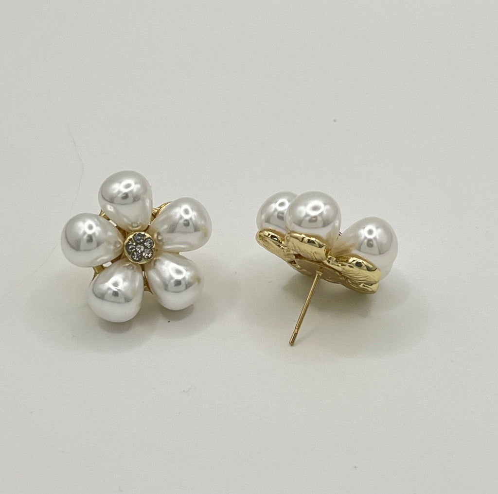 Gold Tone Faux Pearl Flower Stud Earrings with Rhinestone Center