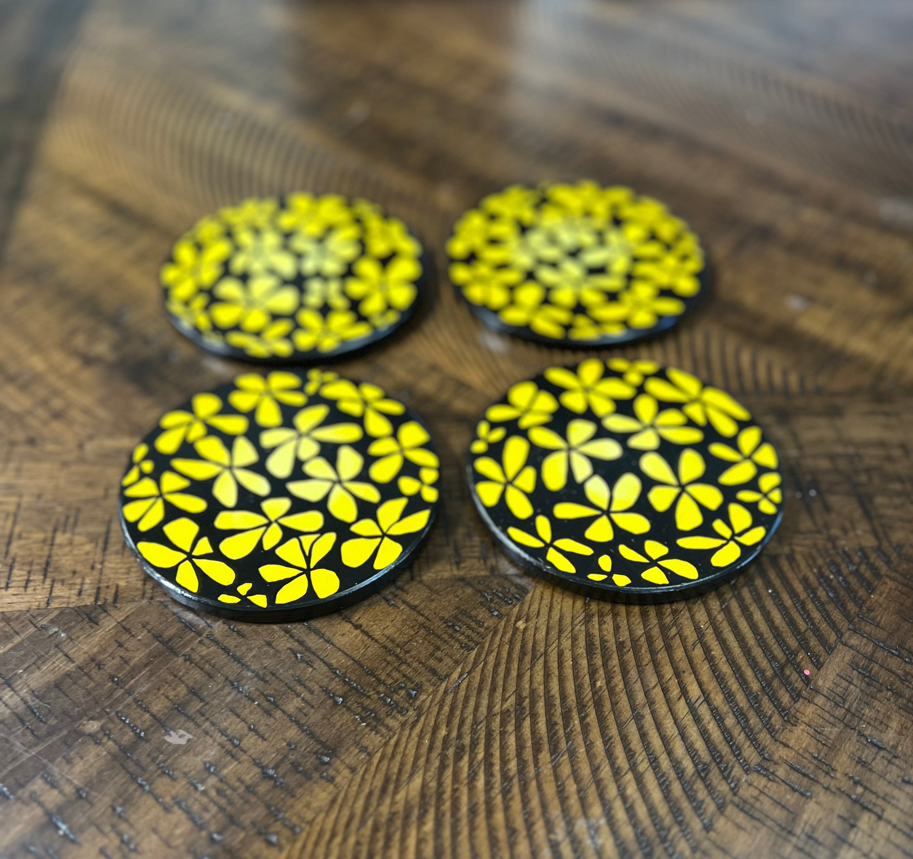 Hand-Painted Black and Yellow Gradient Floral Coaster - Set of 4