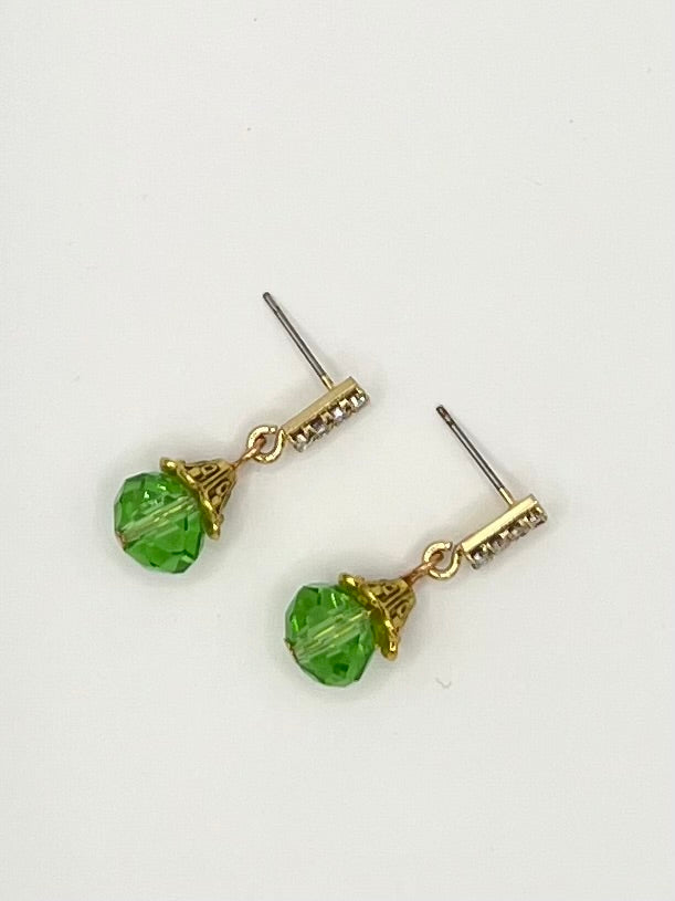 Gold Rhinestone Stud Earrings with Green Crystals