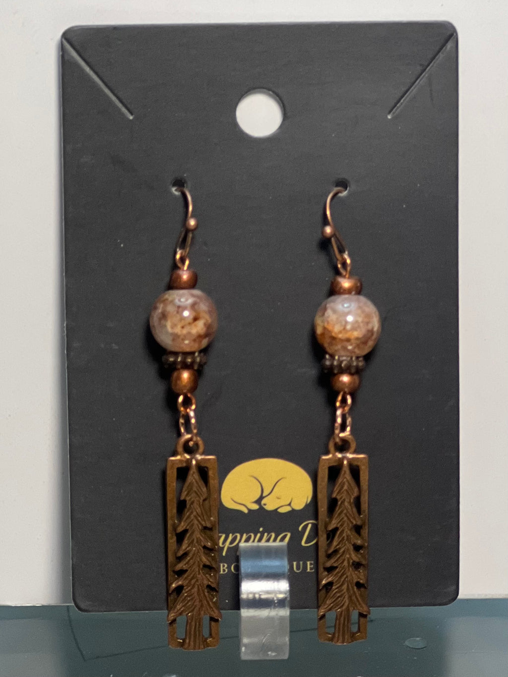Bronze Tree Dangle Earrings with Natural Stone Beads