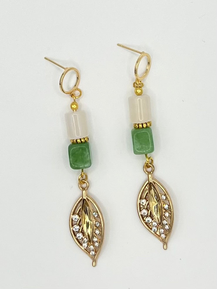 Natural Peridot & White Calcite Drop Earrings with Gold Tone Leaf Charm