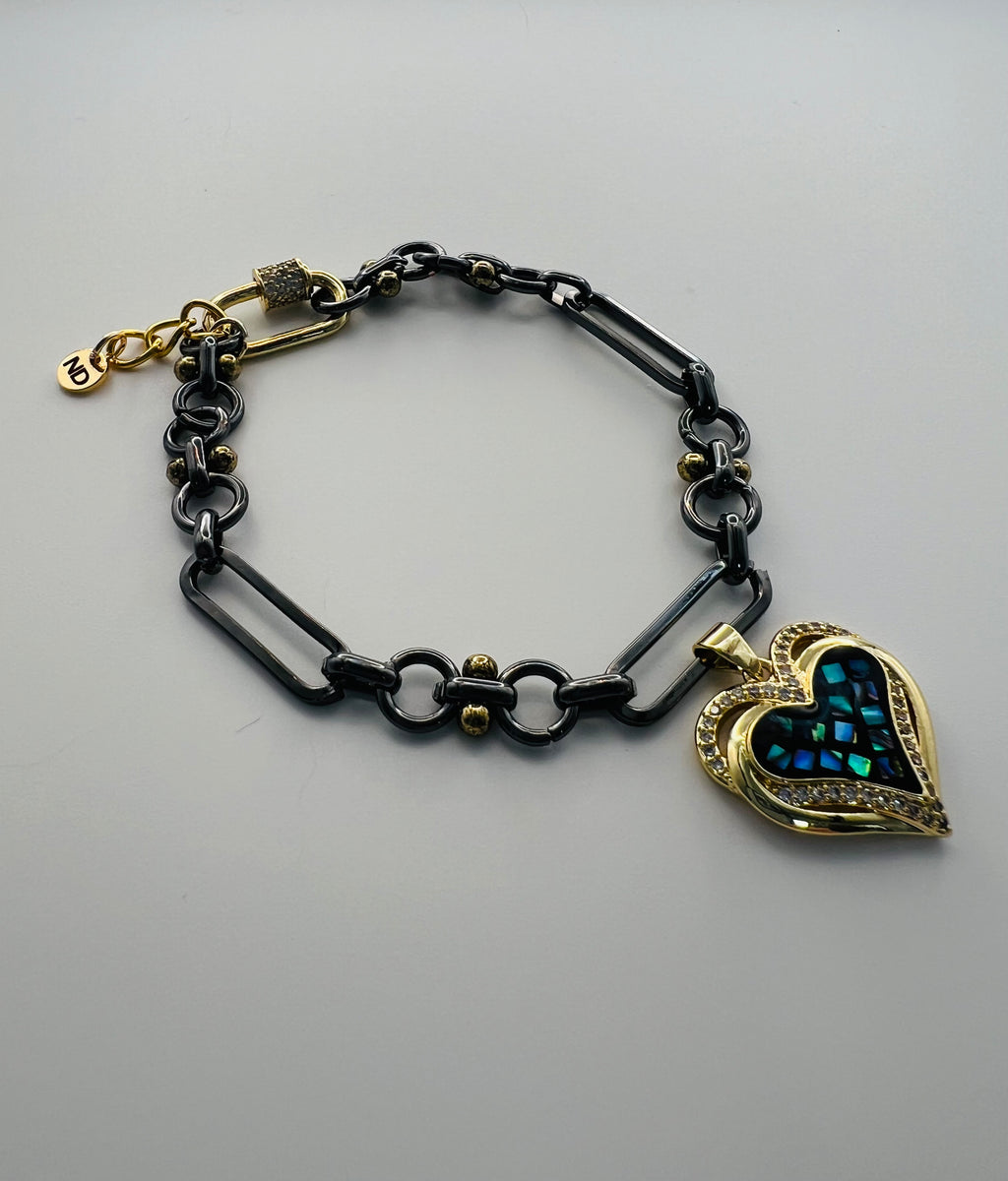 Gunmetal & Gold Tone Bracelet with Heart Faux Abalone Charm