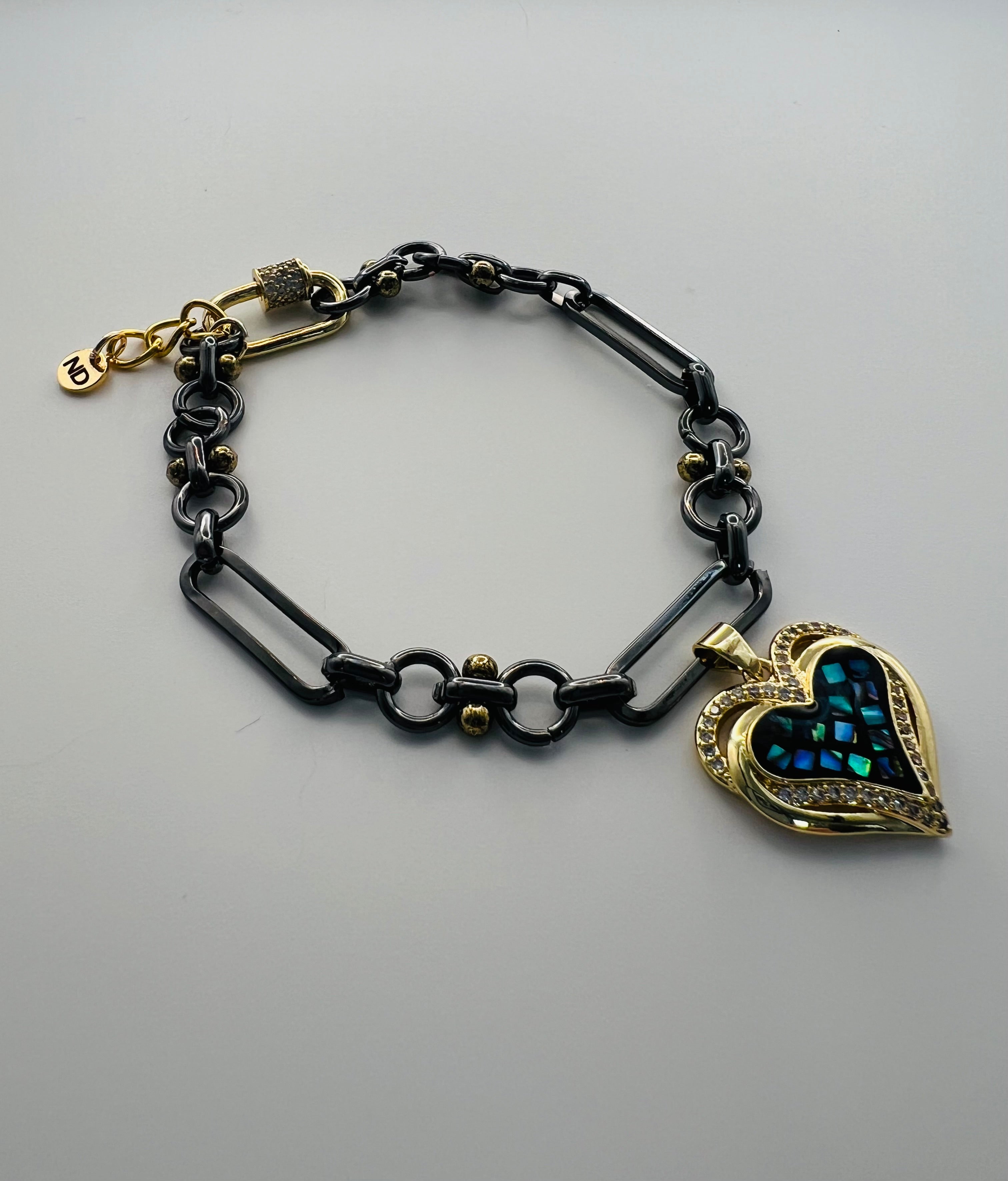 Gunmetal & Gold Tone Bracelet with Heart Faux Abalone Charm