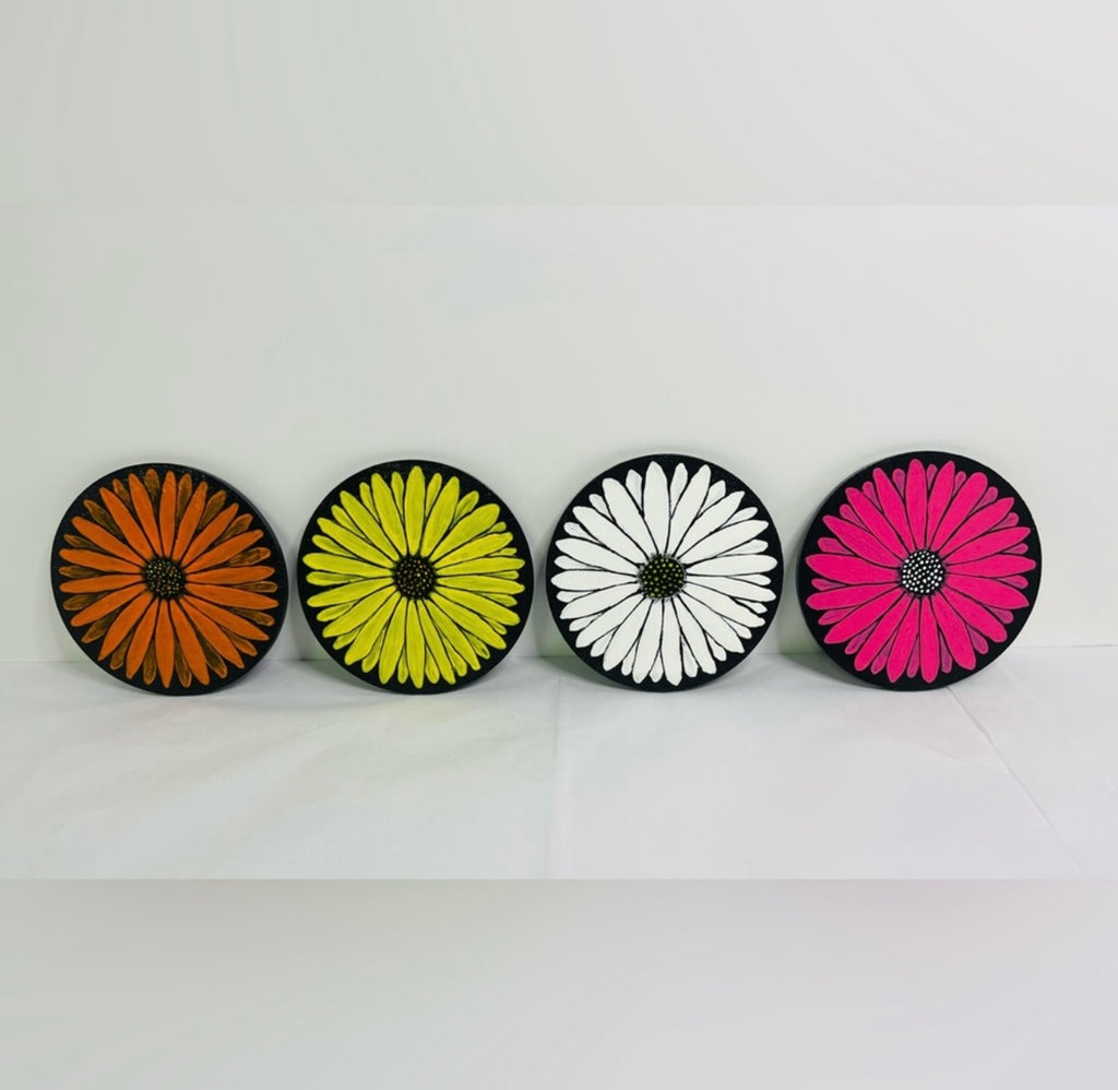 Handpainted Multi-Color Daisies Wooden Coasters with Tin for Storage