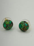 Green Mosaic Stone Stud Earrings – Gold Tone
