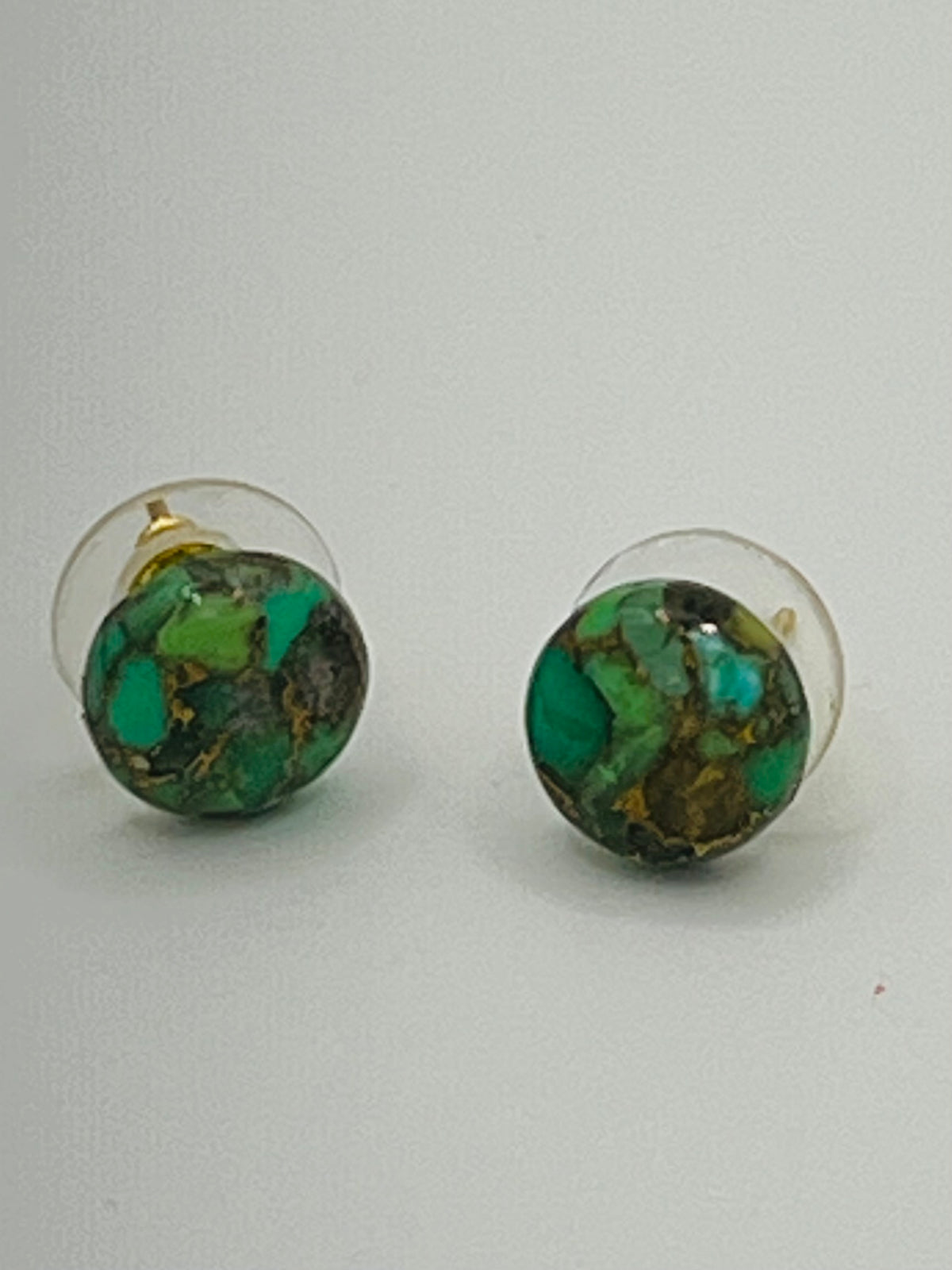 Green Mosaic Stone Stud Earrings – Gold Tone
