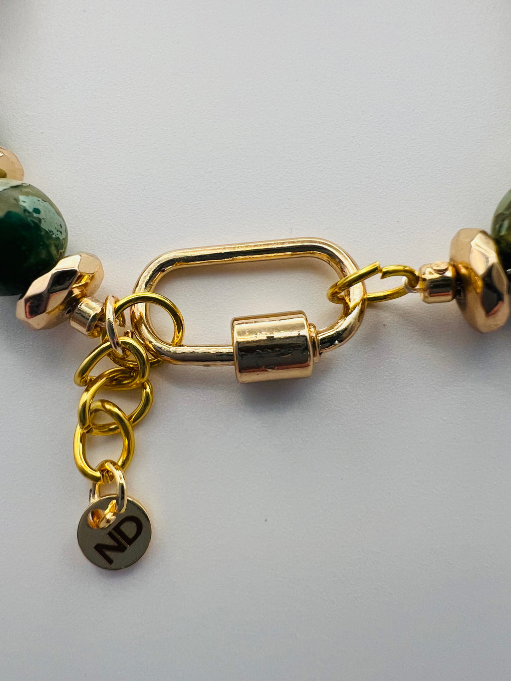 Green Stone & Gold Tone Bracelet with Gold Bead Accents