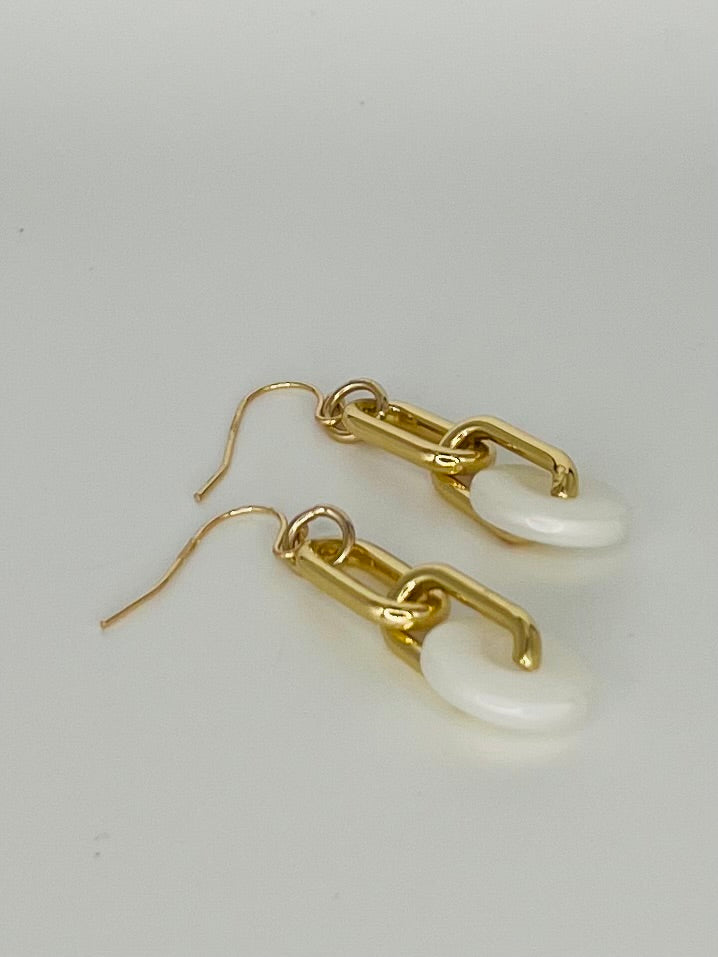 Gold Tone Paperclip Earrings with White Accent Bead