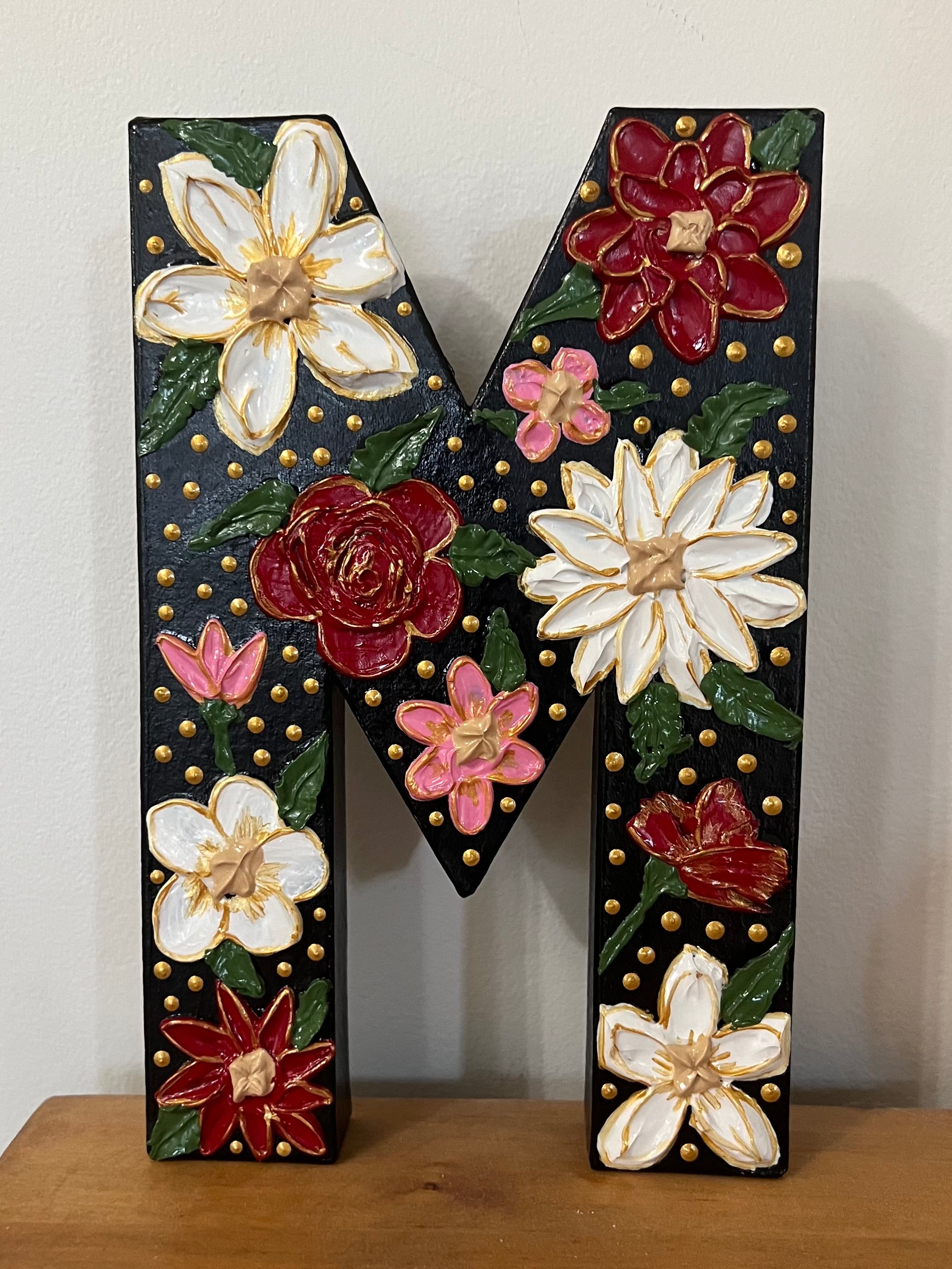 Handcrafted Floral Letter “M” Wall Décor – Textured Acrylic Mixed Media
