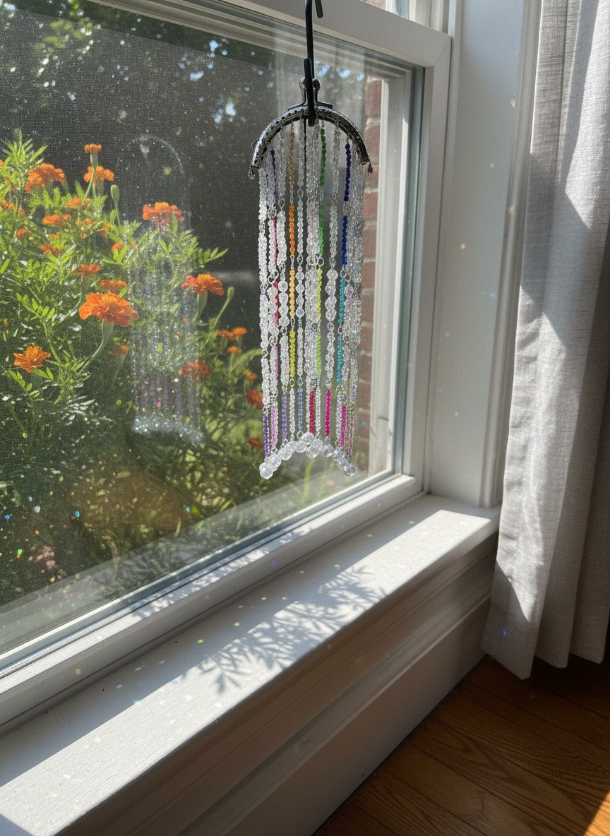 Handcrafted Silver Clear and MultiColor Glass Suncatcher with Rhinestone Kiss Lock