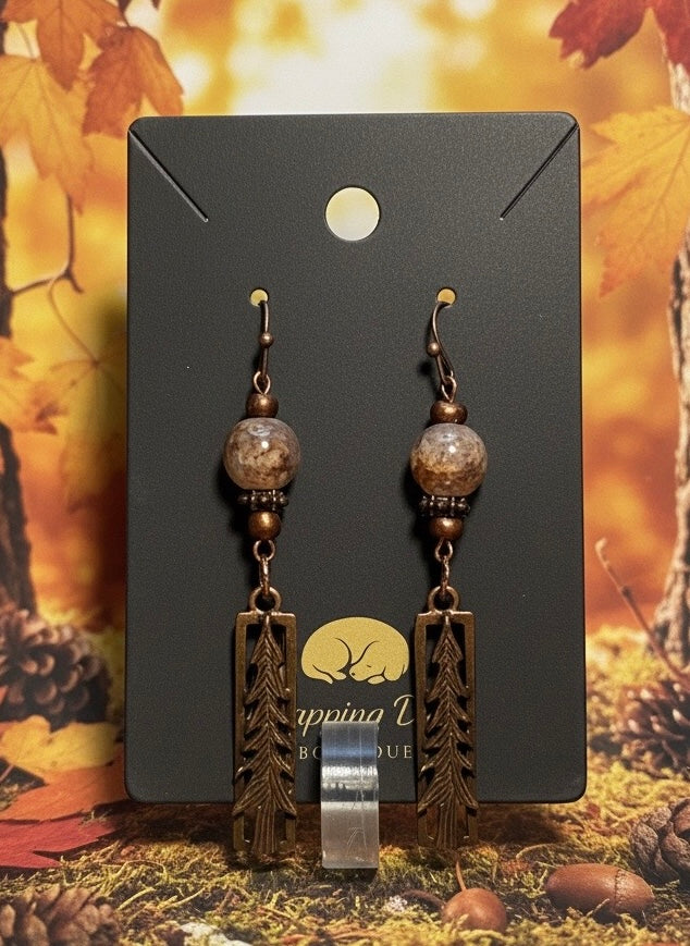 Bronze Tree Dangle Earrings with Natural Stone Beads