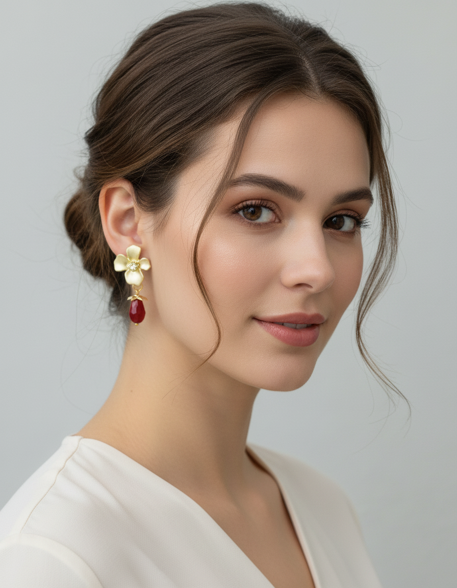 Gold Floral Earrings with Red Teardrop Crystal Dangle