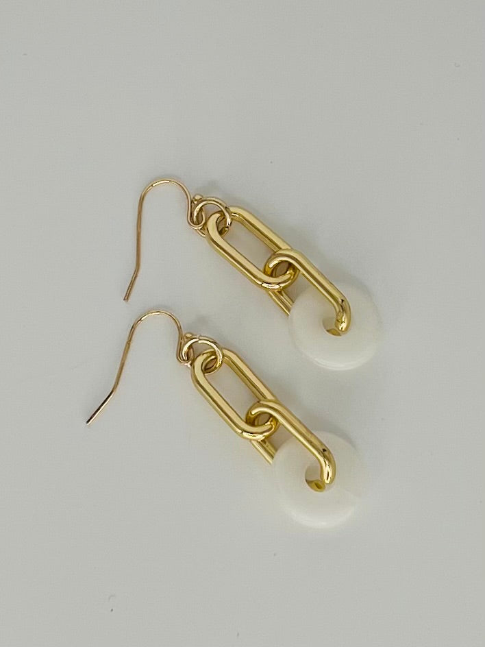 Gold Tone Paperclip Earrings with White Accent Bead