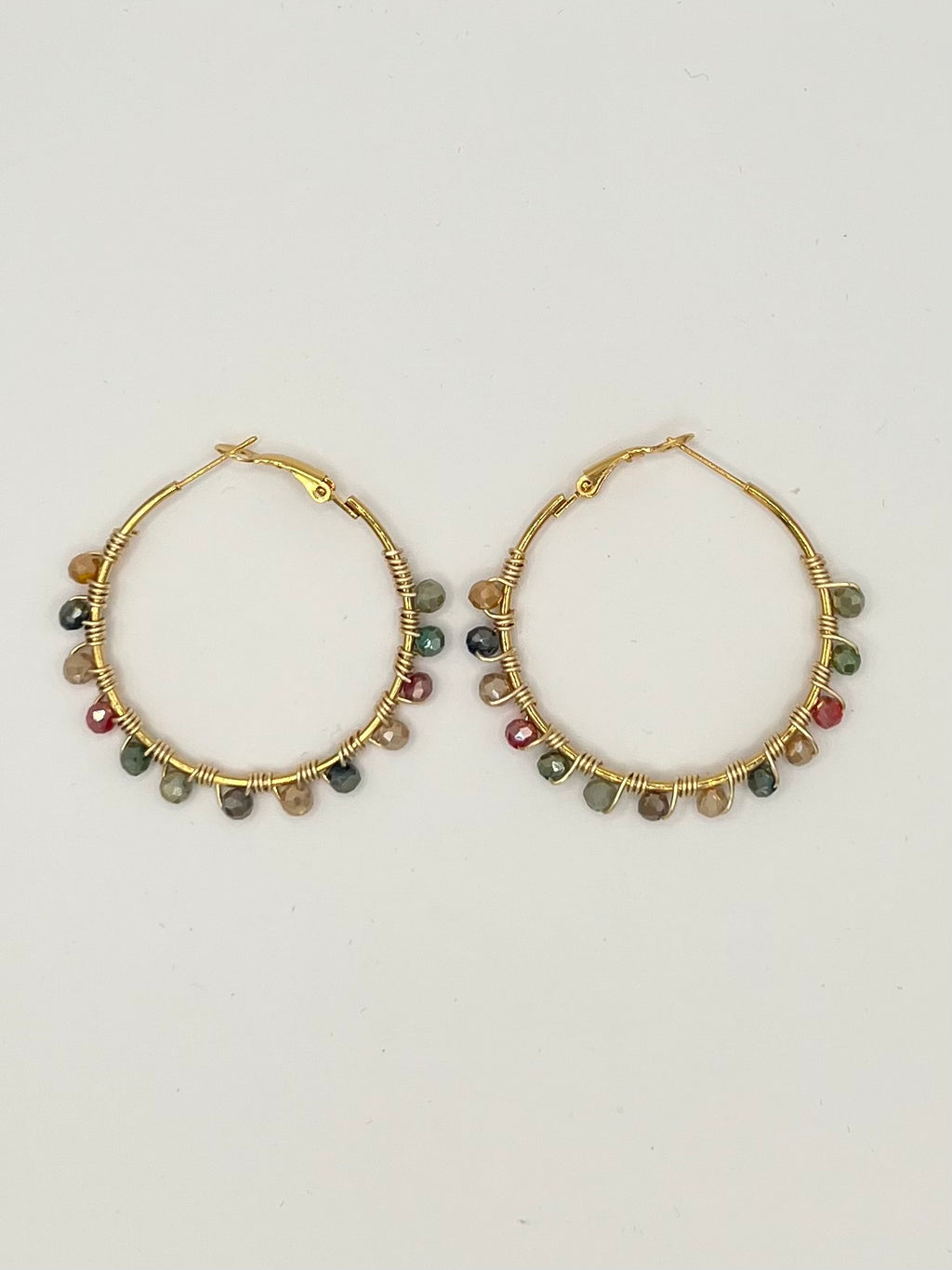 Hand-Wired Gold Hoop Earrings with Multicolor Glass Beads