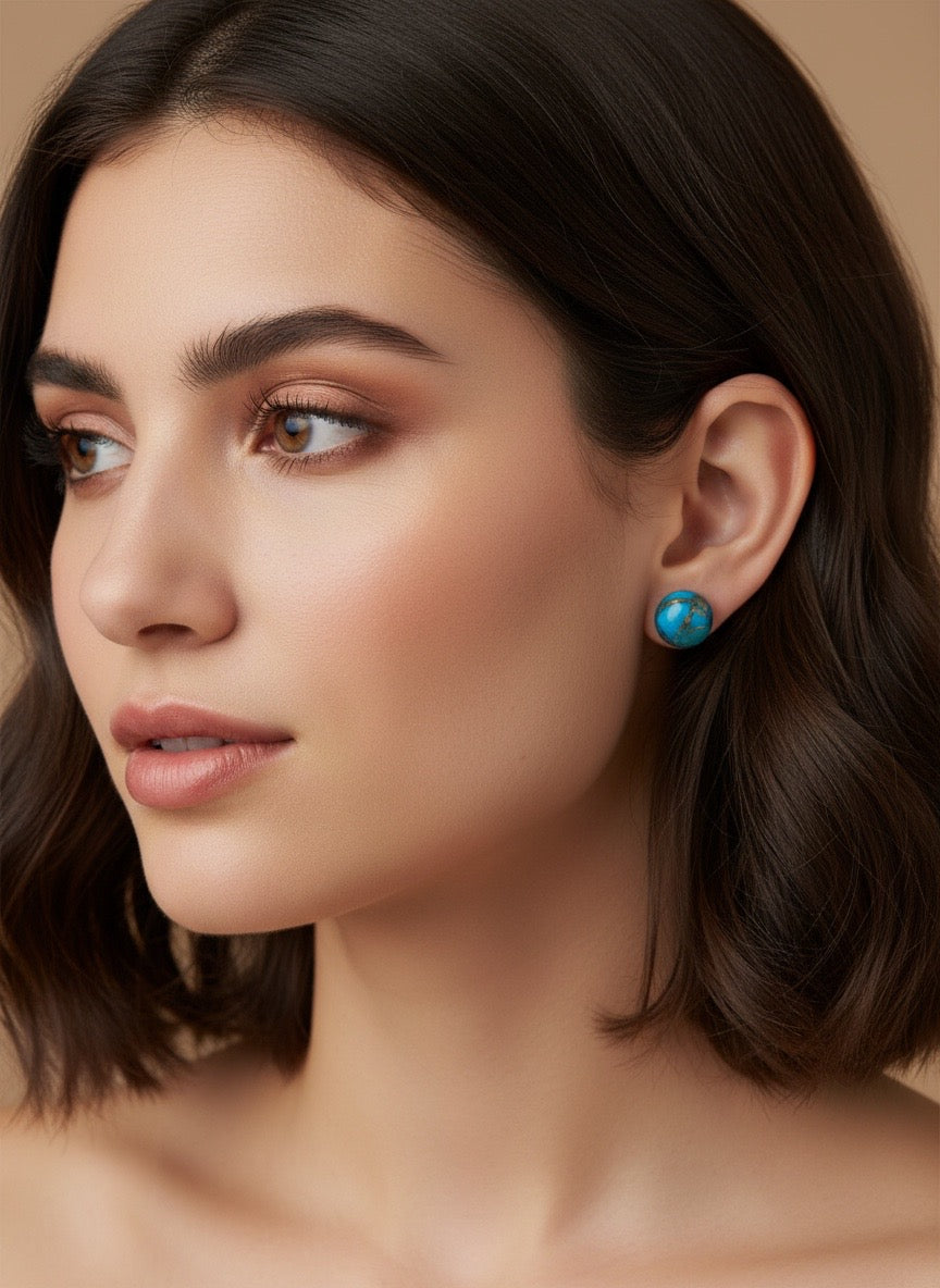Blue Turquoise Mosaic Stud Earrings – Gold Accent