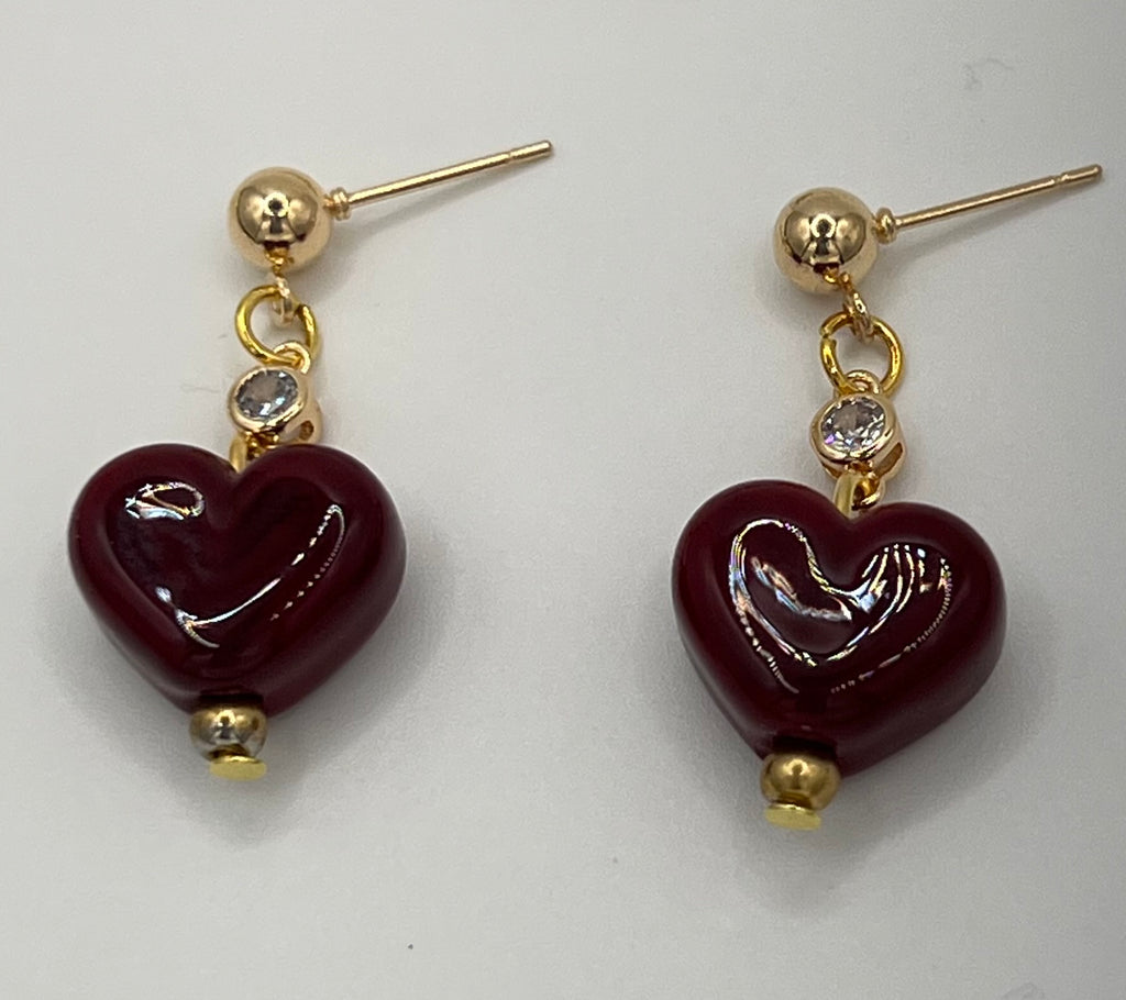 Handmade Lampwork Red Heart Necklace & Earring Set with Crystal Accents