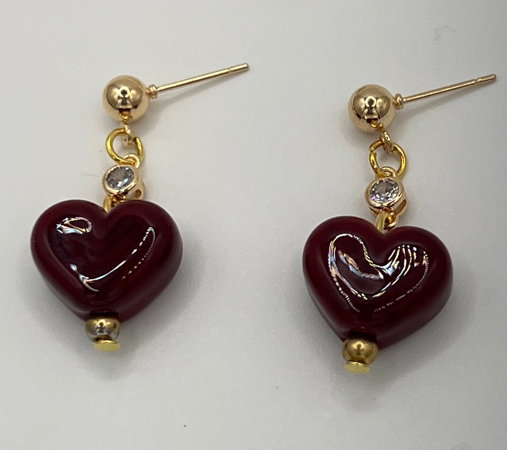Handmade Lampwork Red Heart Necklace & Earring Set with Crystal Accents