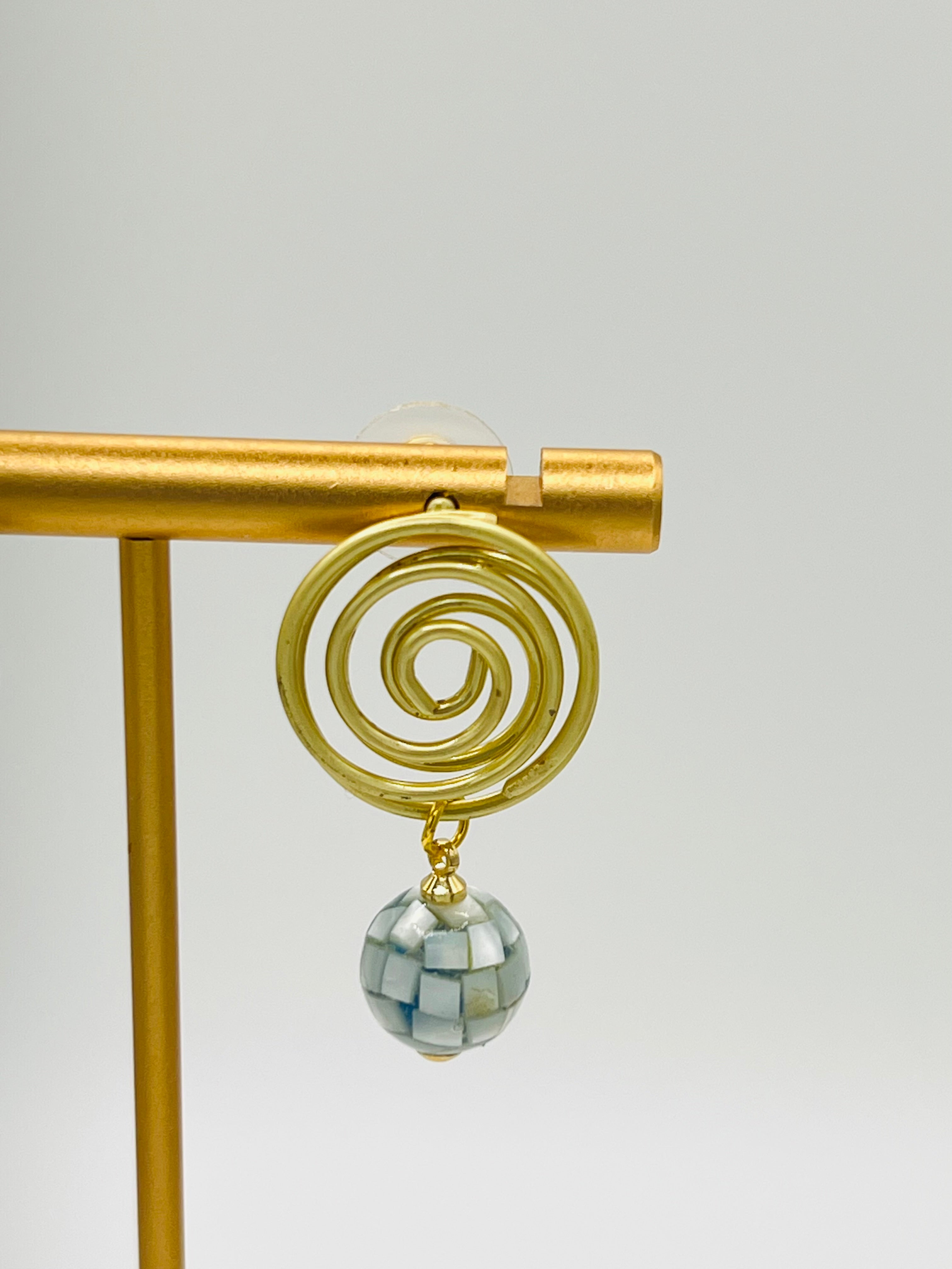 Matte Gold Spiral Drop Earrings with Blue Mother of Pearl Mosaic Bead
