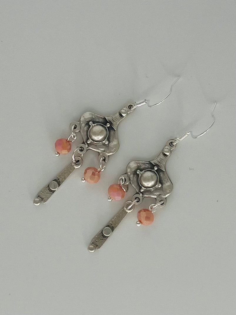Antique Silver Dangle Earrings Accented with Pink Glass Beads