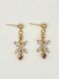 Gold Floral Crystal Dangle Earrings with Pink Heart Accent