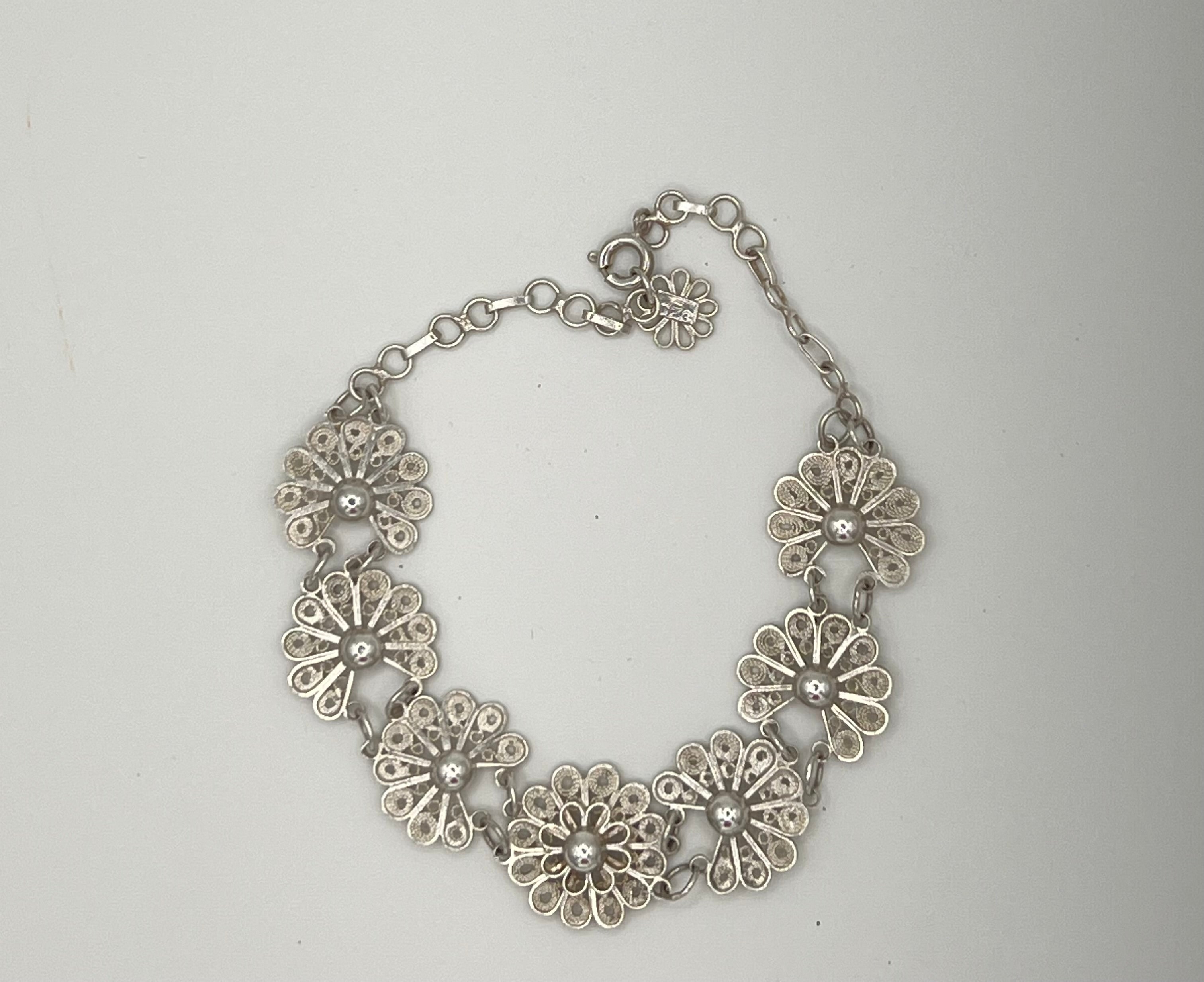 Sterling Silver Floral Link Bracelet