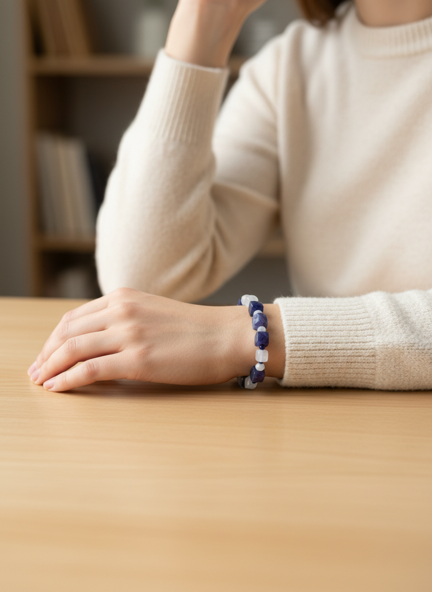 Iolite & Moonstone Bracelet – Natural Gemstone with Silver Heart Clasp