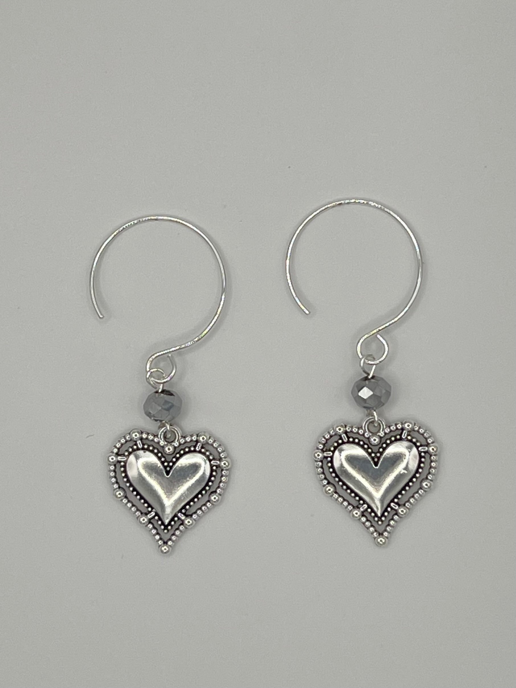 Silver Tone Heart Dangle Earrings with Faceted Bead