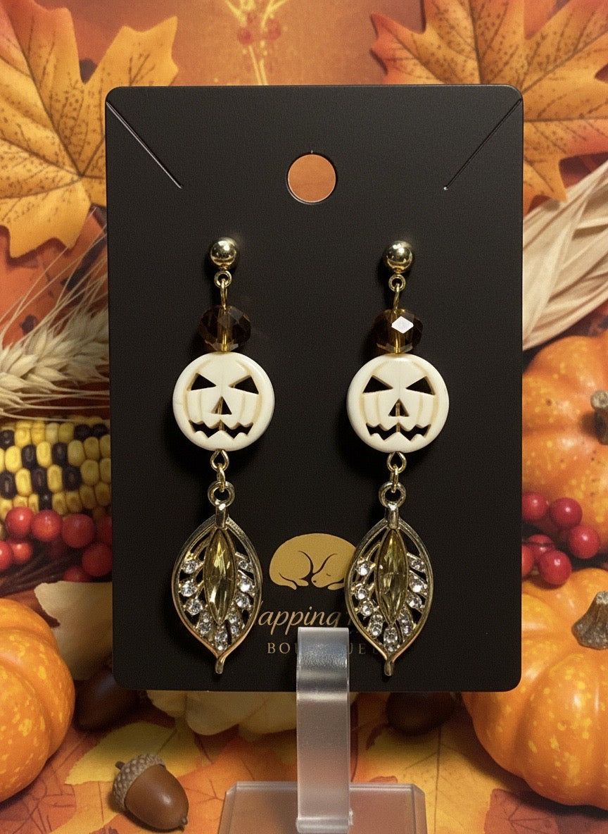 Jack-O’-Lantern & Crystal Leaf Dangle Earrings – Gold-Tone Halloween Earrings
