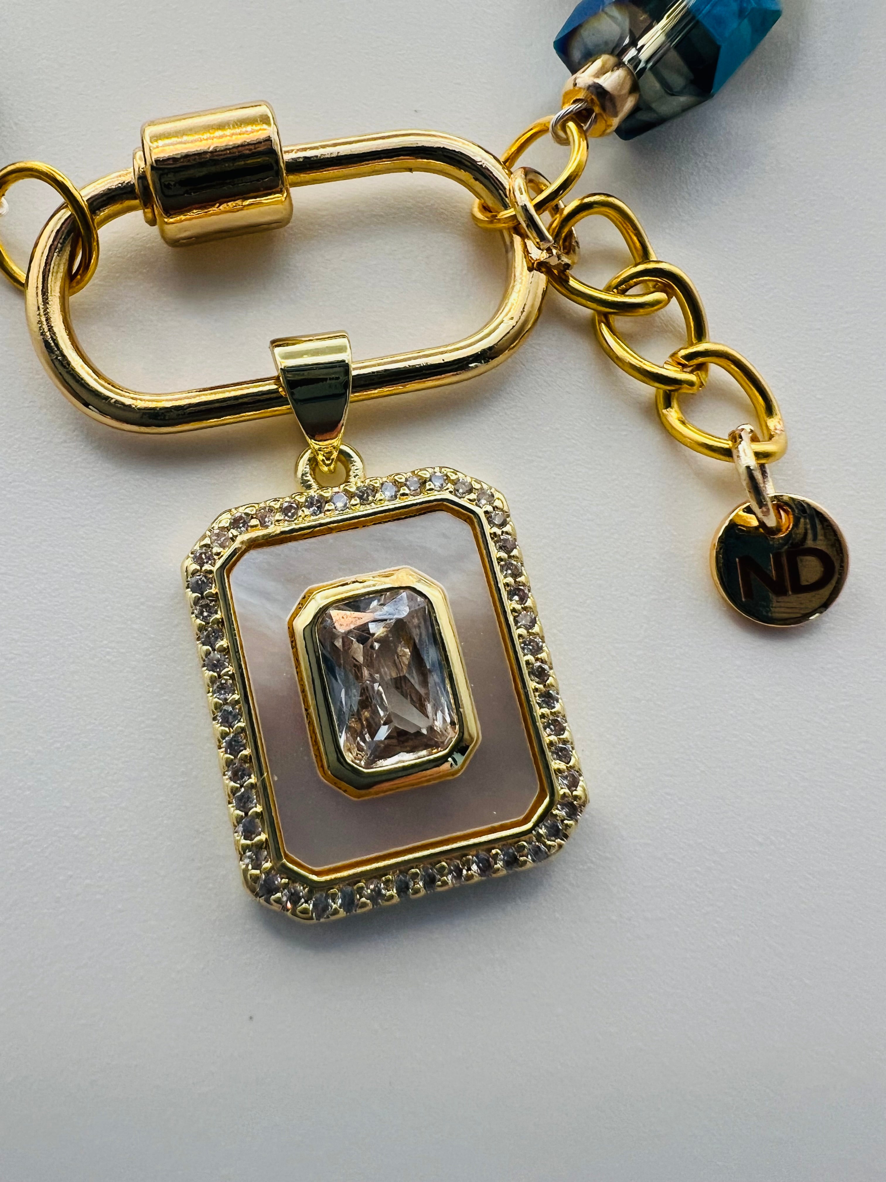 Turquoise & Green Stone/Bead Gold Tone Bracelet with Opal Charm