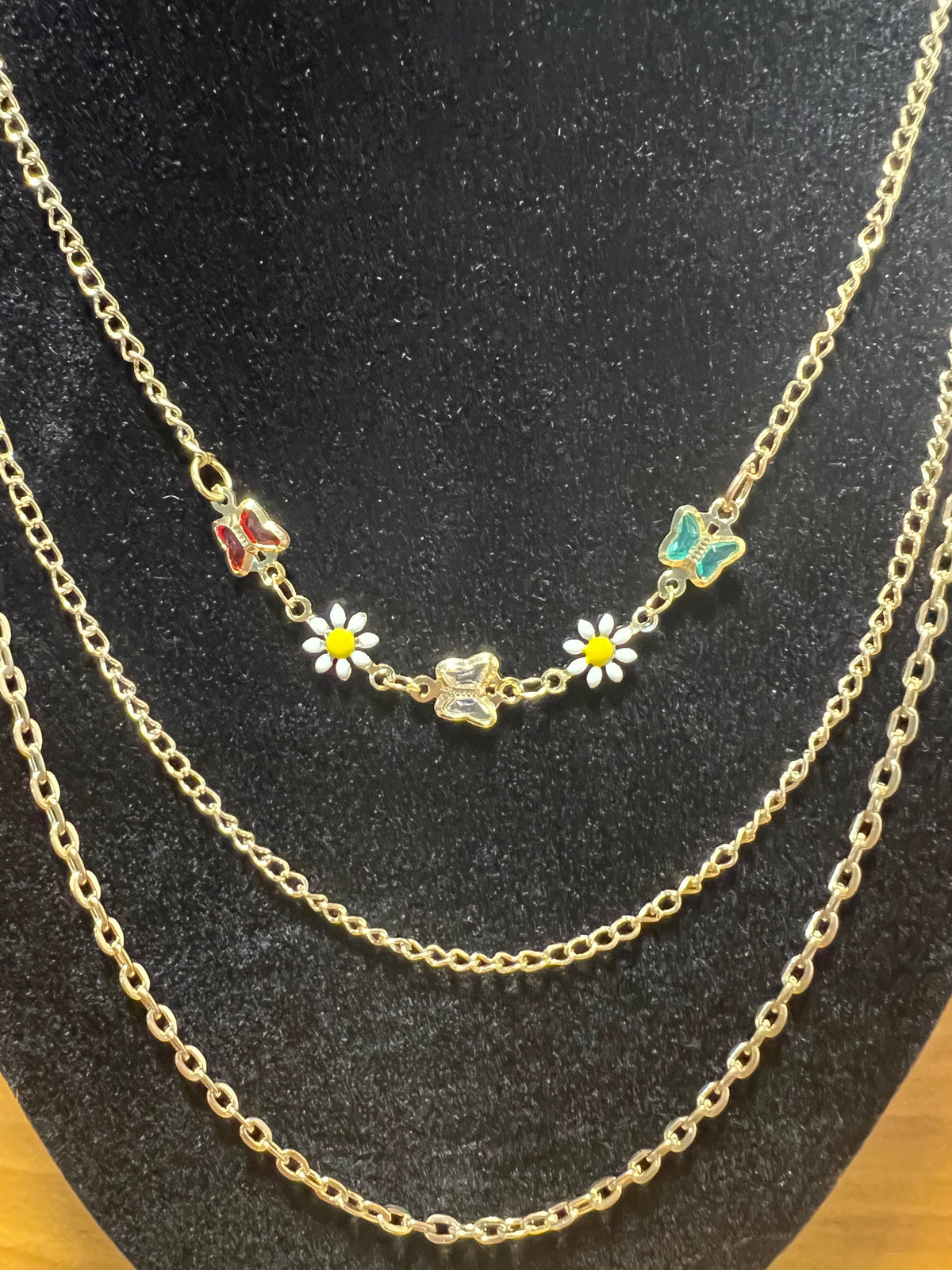18K Gold-Filled Triple-Layer Butterfly & Daisy Necklace
