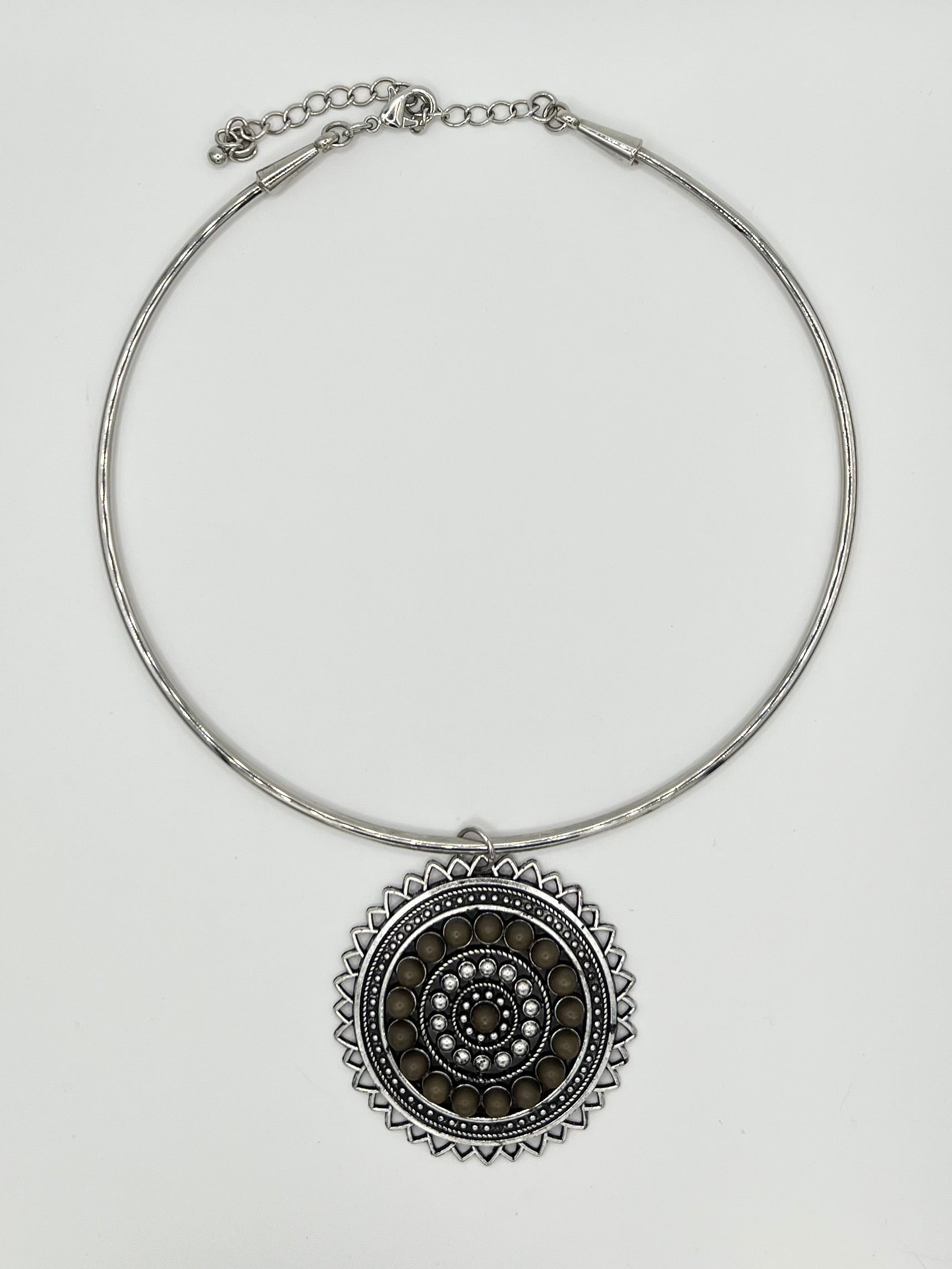 Silver Tone Mandala Medallion Choker Necklace – 5.5” Circumference