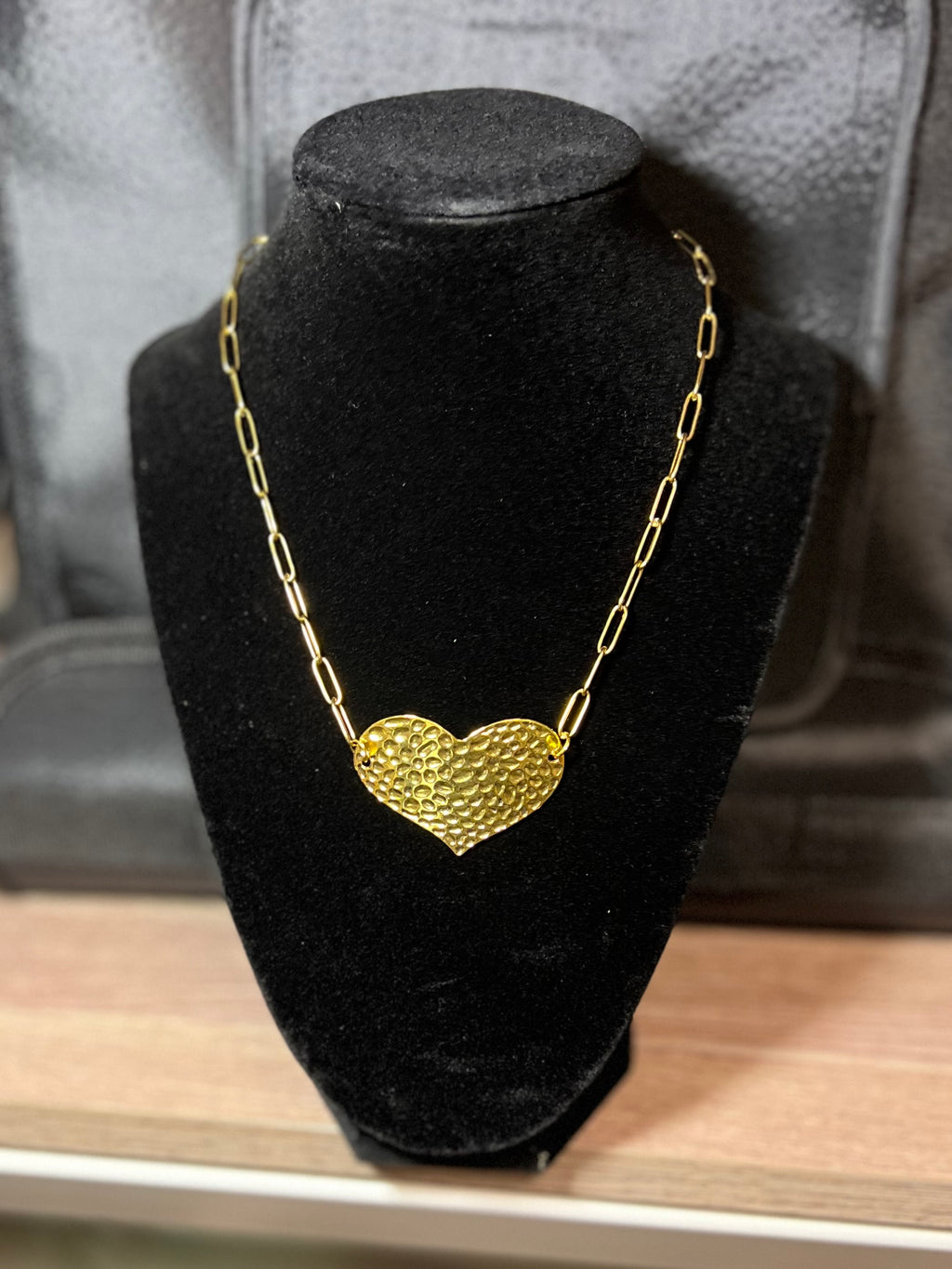 Gold Tone Hammered Heart Pendant Necklace – Stainless Steel Chain