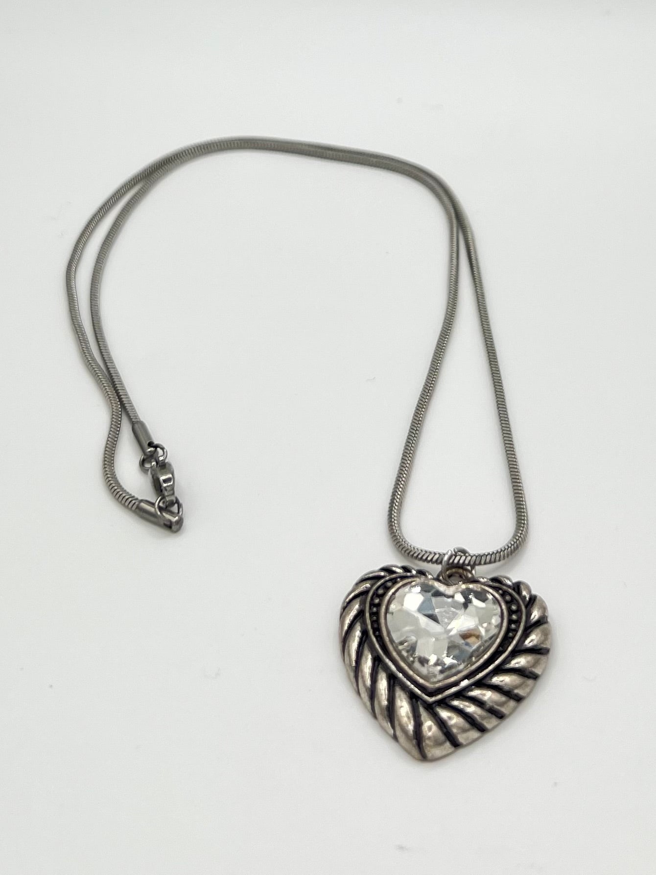 Stainless Steel Heart Pendant Necklace with Clear Crystal Accent