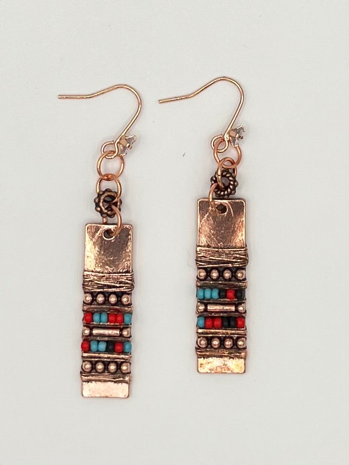 Copper Boho Dangle Earrings with Multi-color Bead Accents