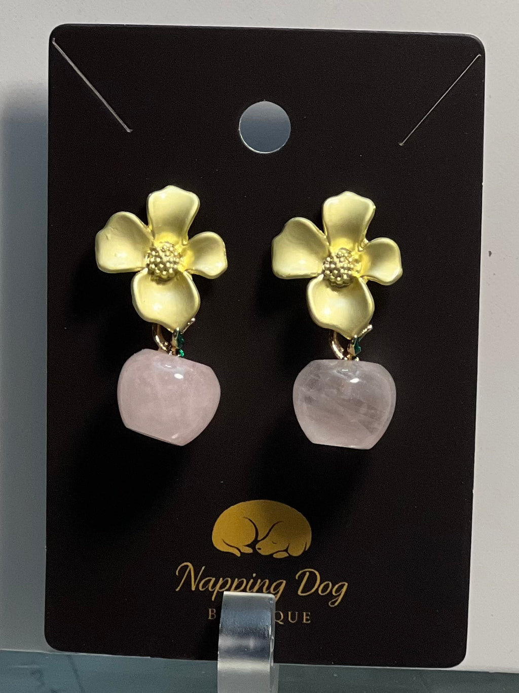 Rose Quartz Dangle Earrings with Gold-Tone Flower Posts – Natural Stone Earrings