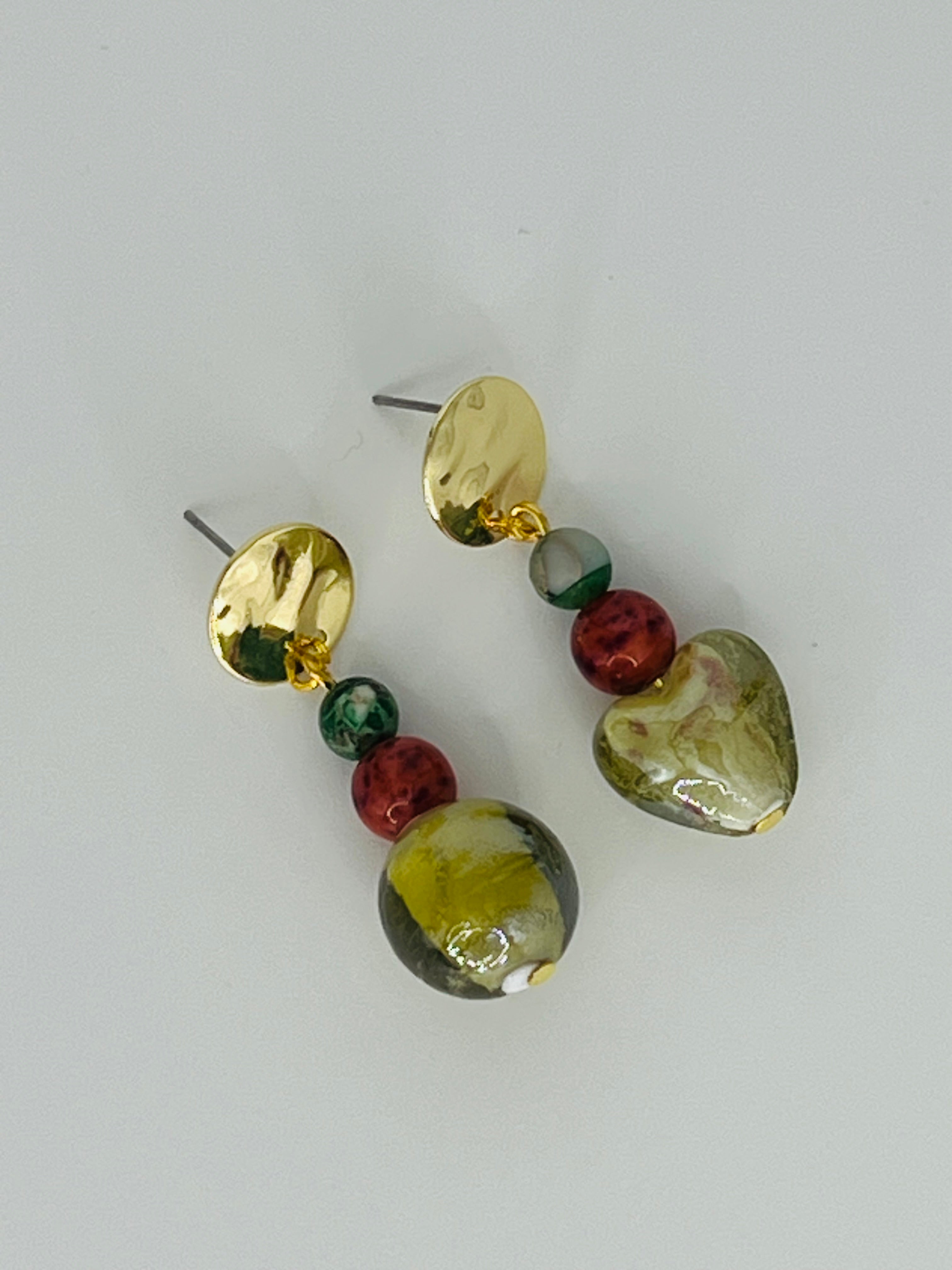Murano-Inspired Glass Bead and Gold Tone Earrings - One Round, One Heart