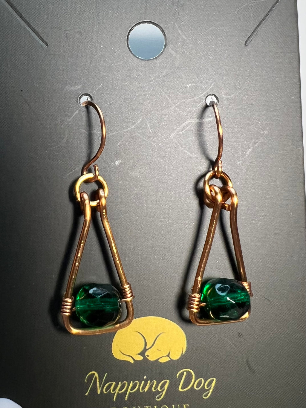 Hand Twisted Copper Earrings with Green Bead Accent
