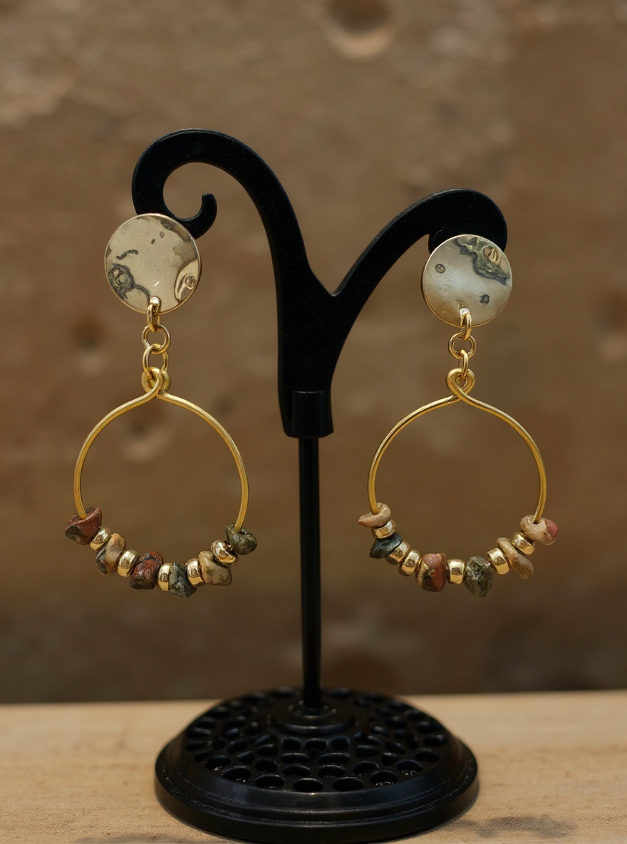 Hand-Shaped Gold Tone Hoops Earrings with Gold and Green/Pink Stones
