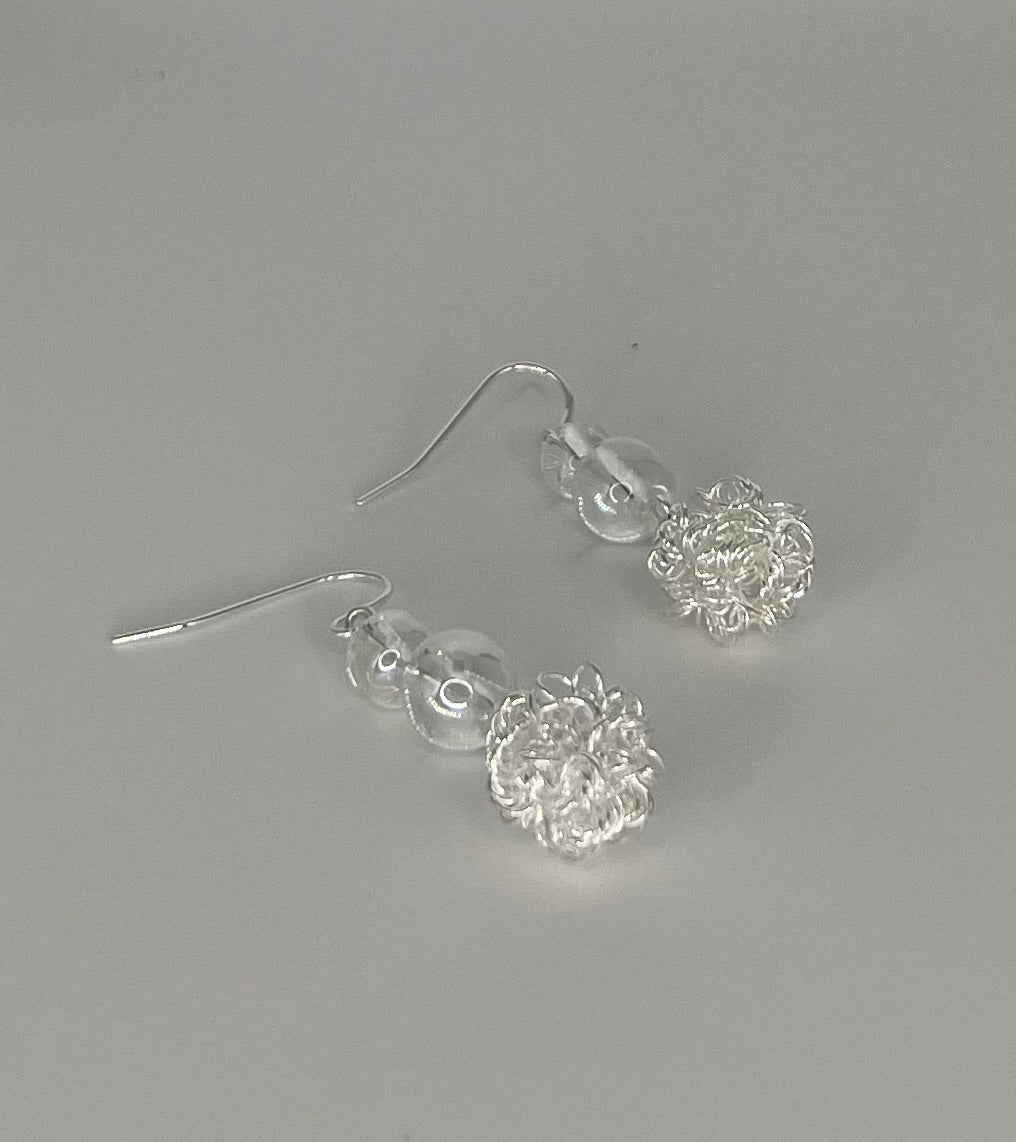 Silver Tone and Clear Beaded Dangle Earrings with Wire Cluster and Sterling Silver Ear Wires