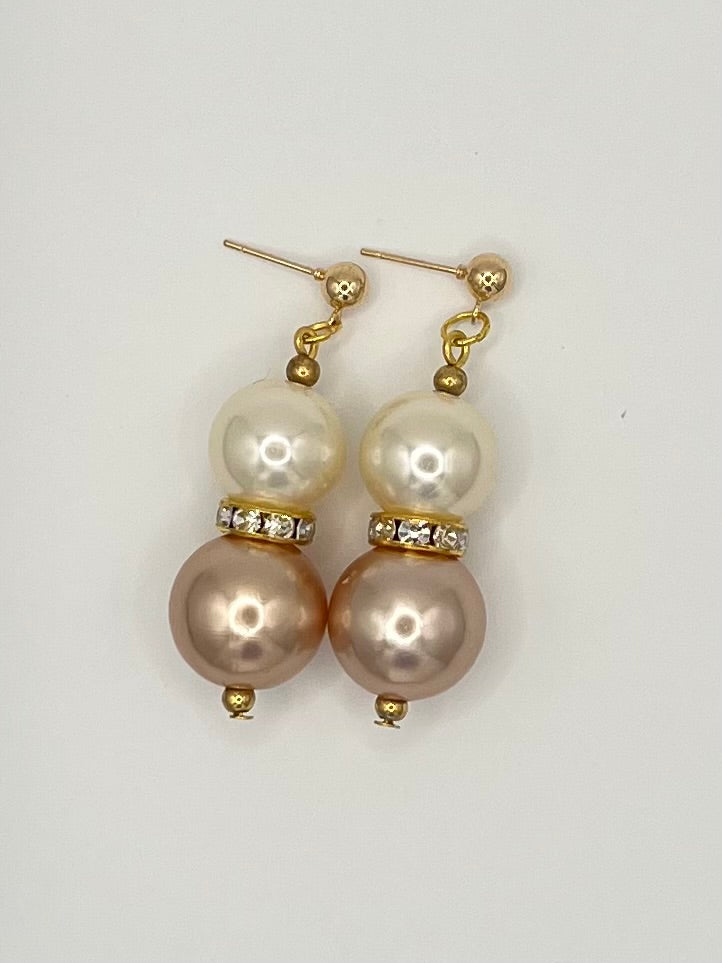 Gold Double Faux Pearl Dangle Earrings with Rhinestone Accent